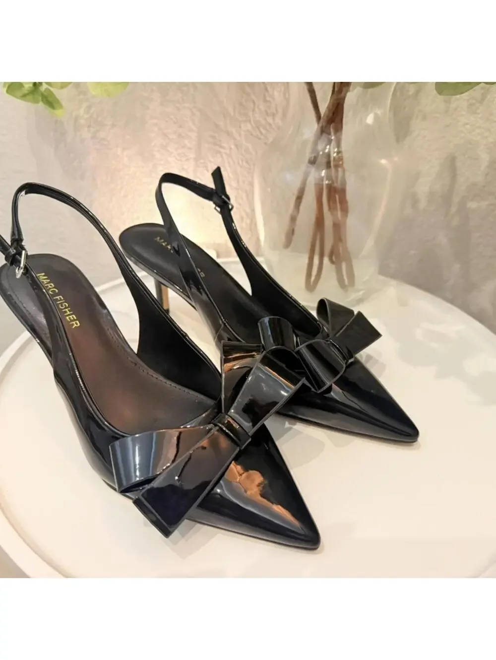 Marc Fisher Fallon Bow Patent Slingback Heel Pointed Toe Black Womens 7.5